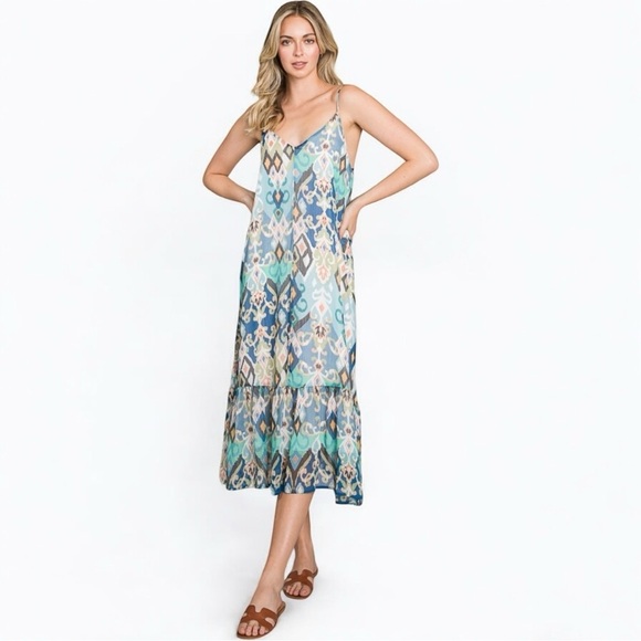 NWT Sleeveless Boho Ruffle Printed Woven Blue Green Cami Maxi Dress - Picture 3 of 12